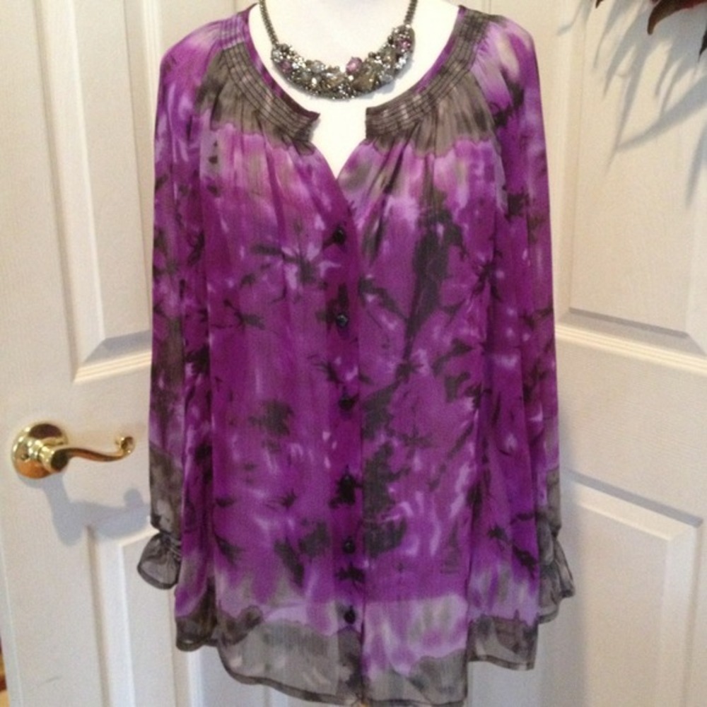 Sheer purple and black print top
